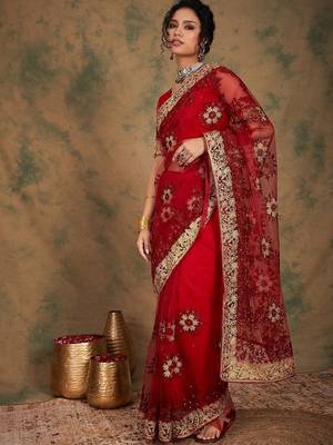 Maroon floral embroidered net sarees 2