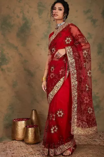 Maroon floral embroidered net sarees
