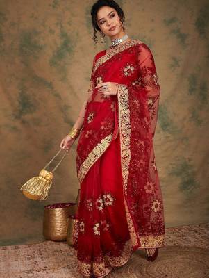 Maroon floral embroidered net sarees 4
