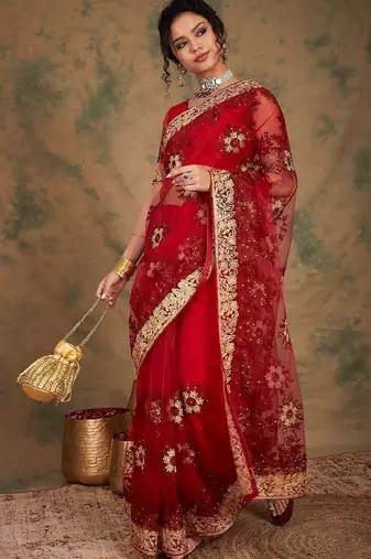 Maroon floral embroidered net sarees