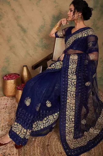Navy blue navy blue ethnic motifs embroidered saree