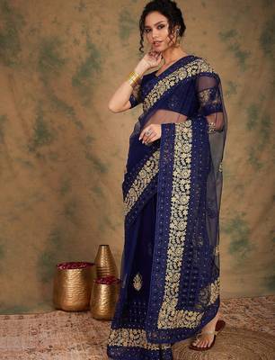 Navy blue navy blue ethnic motifs embroidered saree 2