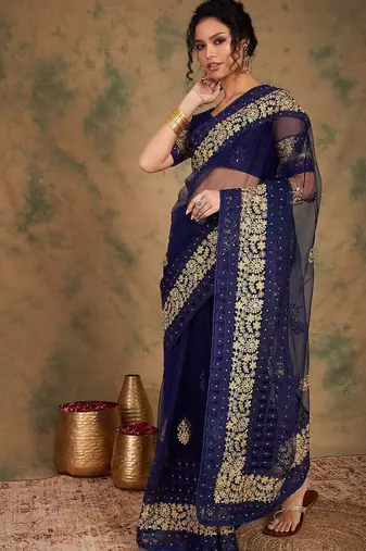 Navy blue navy blue ethnic motifs embroidered saree