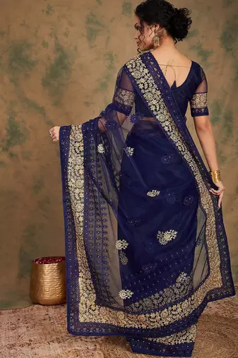 Navy blue navy blue ethnic motifs embroidered saree