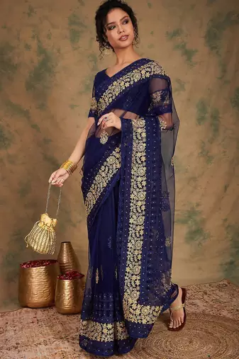 Navy blue navy blue ethnic motifs embroidered saree