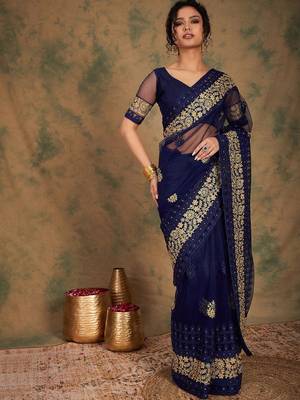 Navy blue navy blue ethnic motifs embroidered saree 5