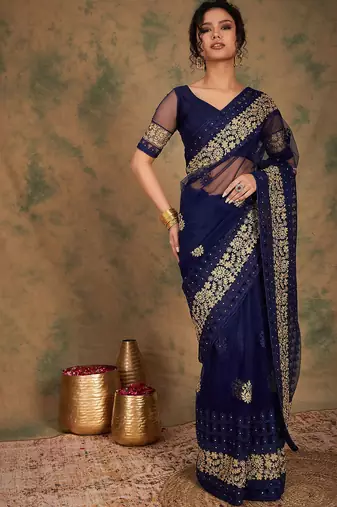 Navy blue navy blue ethnic motifs embroidered saree