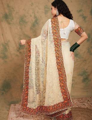 White ethnic motifs embroidered net saree 3