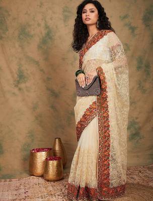 White ethnic motifs embroidered net saree 4