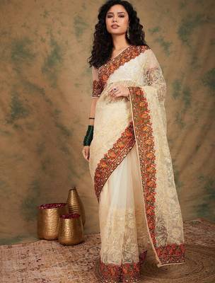 White ethnic motifs embroidered net saree 5