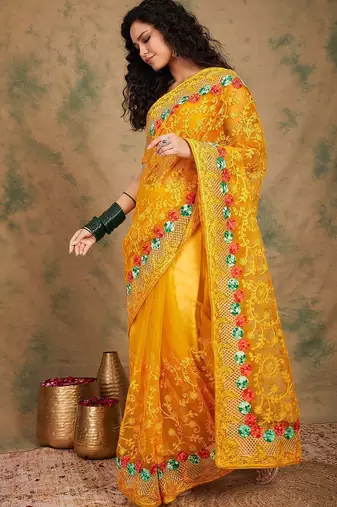 Yellow yellow floral embroidered net sarees
