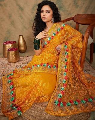 Yellow yellow floral embroidered net sarees 5