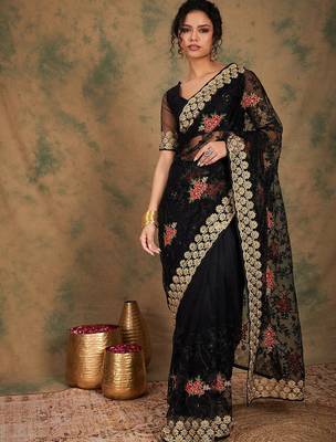 Black black ethnic motifs beads & stones embroidered net saree 1