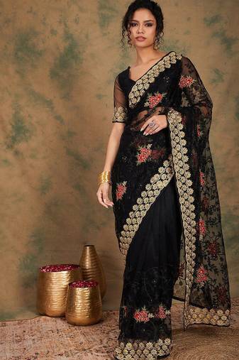 Black black ethnic motifs beads & stones embroidered net saree