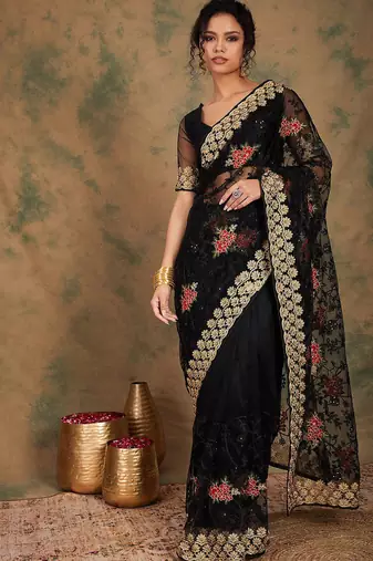 Black black ethnic motifs beads & stones embroidered net saree