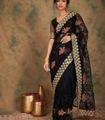 Black black ethnic motifs beads & stones embroidered net saree