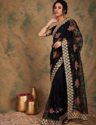 Black black ethnic motifs beads & stones embroidered net saree 2