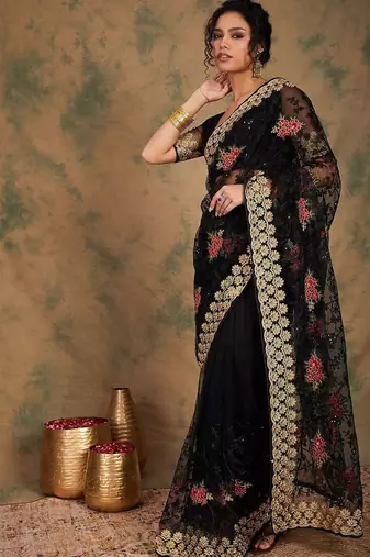 Black black ethnic motifs beads & stones embroidered net saree