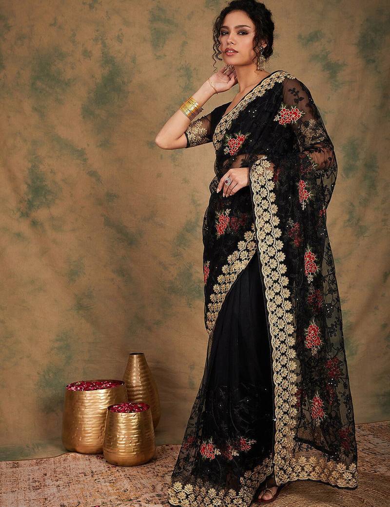 Black black ethnic motifs beads & stones embroidered net saree