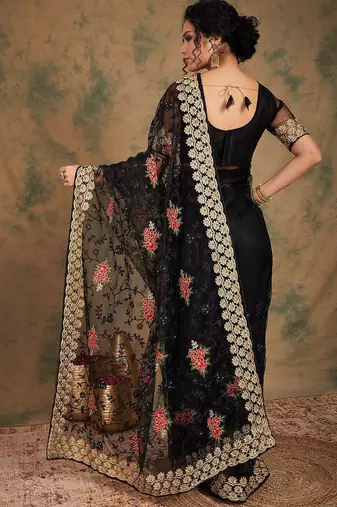 Black black ethnic motifs beads & stones embroidered net saree