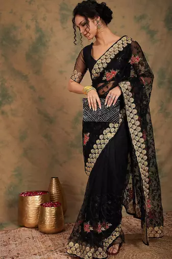 Black black ethnic motifs beads & stones embroidered net saree