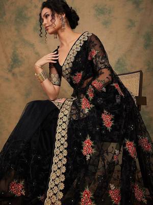 Black black ethnic motifs beads & stones embroidered net saree 5