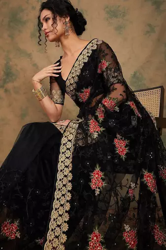 Black black ethnic motifs beads & stones embroidered net saree