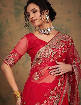 Red ethnic motifs embroidered net saree 1