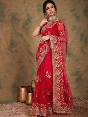 Red ethnic motifs embroidered net saree 2