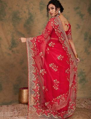 Red ethnic motifs embroidered net saree 3