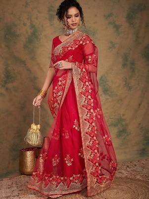 Red ethnic motifs embroidered net saree 4