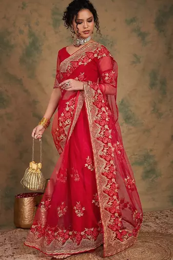 Red ethnic motifs embroidered net saree
