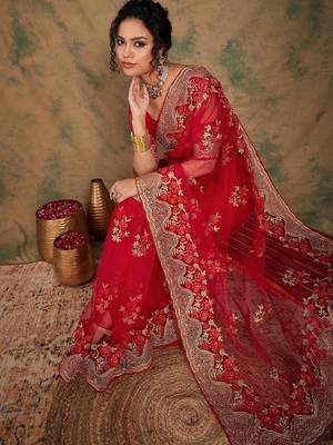 Red ethnic motifs embroidered net saree 5