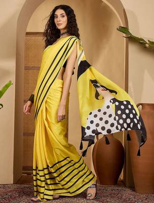 Yellow striped printed saree with unstitched blouse 1