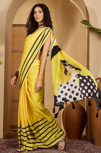 Yellow striped printed saree with unstitched blouse