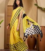 Yellow striped printed saree with unstitched blouse