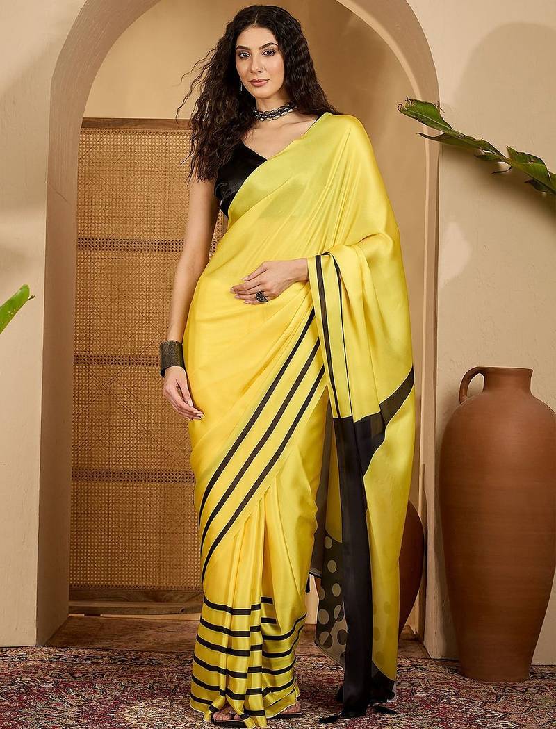 Yellow striped printed saree with unstitched blouse
