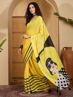 Yellow striped printed saree with unstitched blouse 4