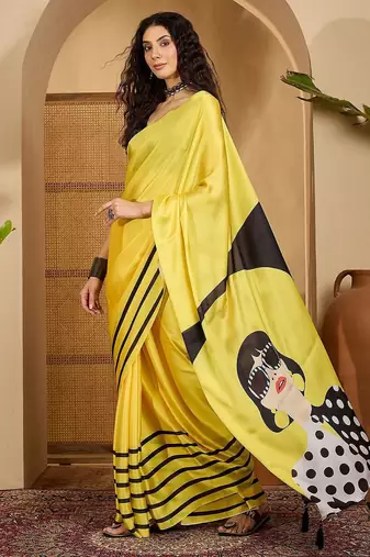 Yellow striped printed saree with unstitched blouse