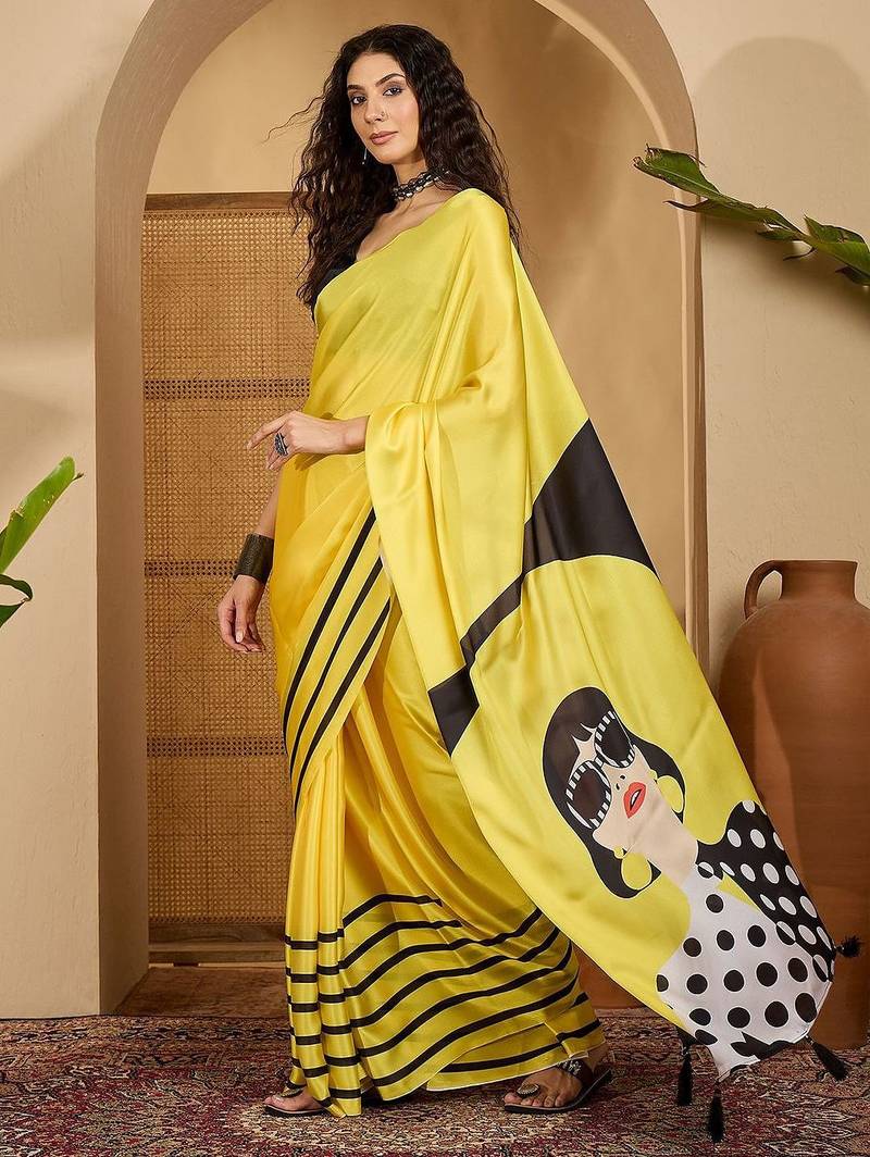 Yellow striped printed saree with unstitched blouse