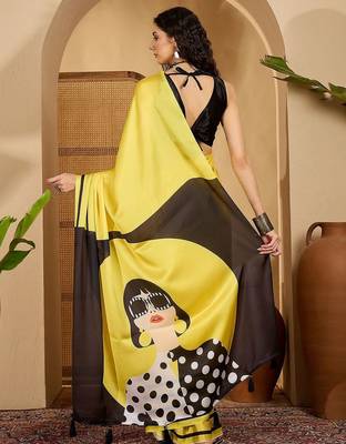 Yellow striped printed saree with unstitched blouse 5