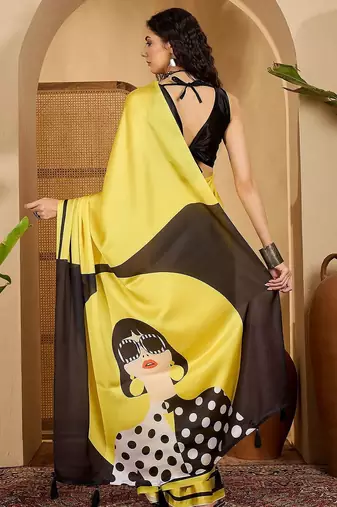 Yellow striped printed saree with unstitched blouse
