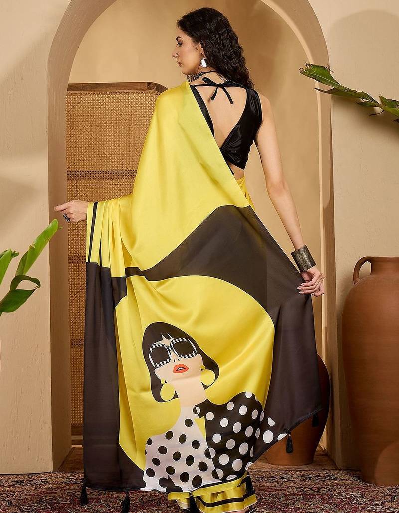Yellow striped printed saree with unstitched blouse