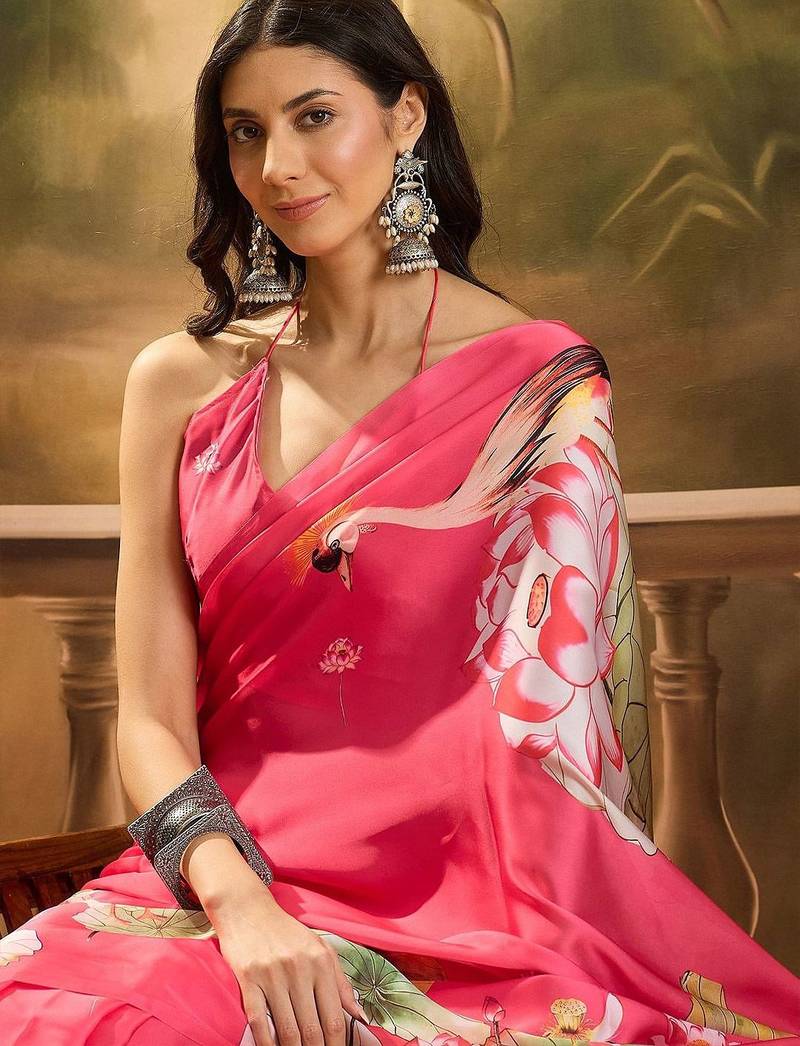 Pink floal printed festive saree