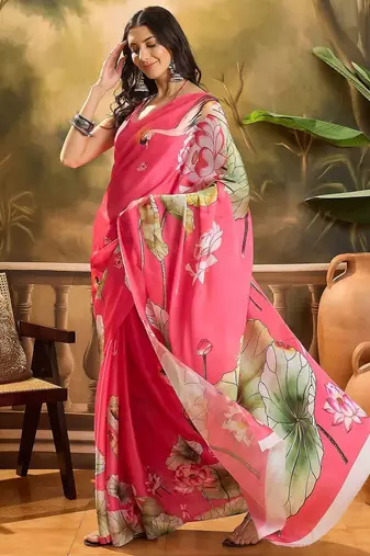 Pink floal printed festive saree