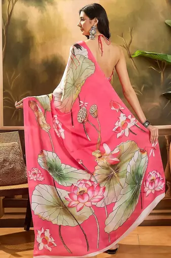 Pink floal printed festive saree