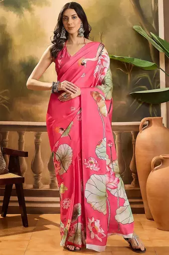 Pink floal printed festive saree