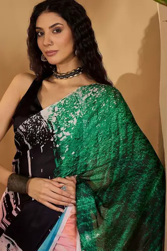 Pink abstract printed saree with unstitched blouse