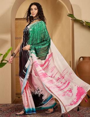 Pink abstract printed saree with unstitched blouse 3
