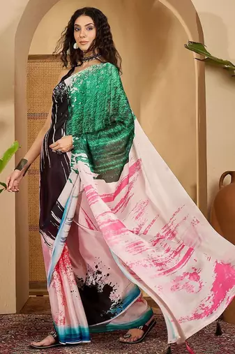 Pink abstract printed saree with unstitched blouse